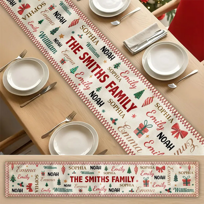 Family Name Word Christmas Theme, Personalized Table Runner