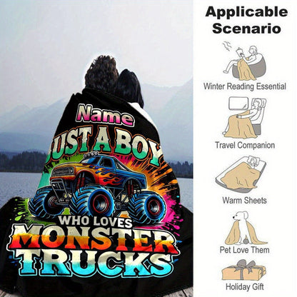 Personalized Monster Truck Throw Blanket - Custom Name