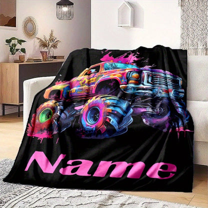 Personalized Flannel Blanket Featuring a Customized Monster Trucks