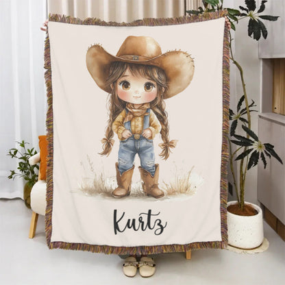 Personalized Cartoon Cowboy Tassel Blanket with Name