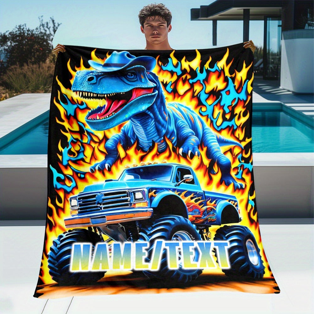 Customizable Dinosaur & Monster Truck Flannel Blanket