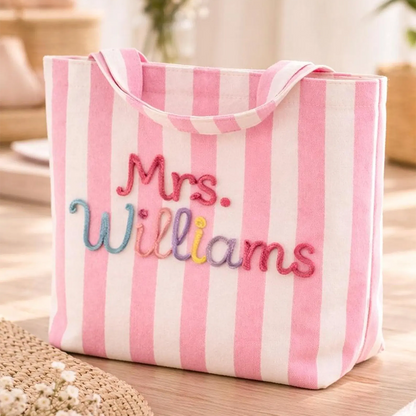 Personalized Teacher Chenille Tote Bag, Custom Teacher Bag