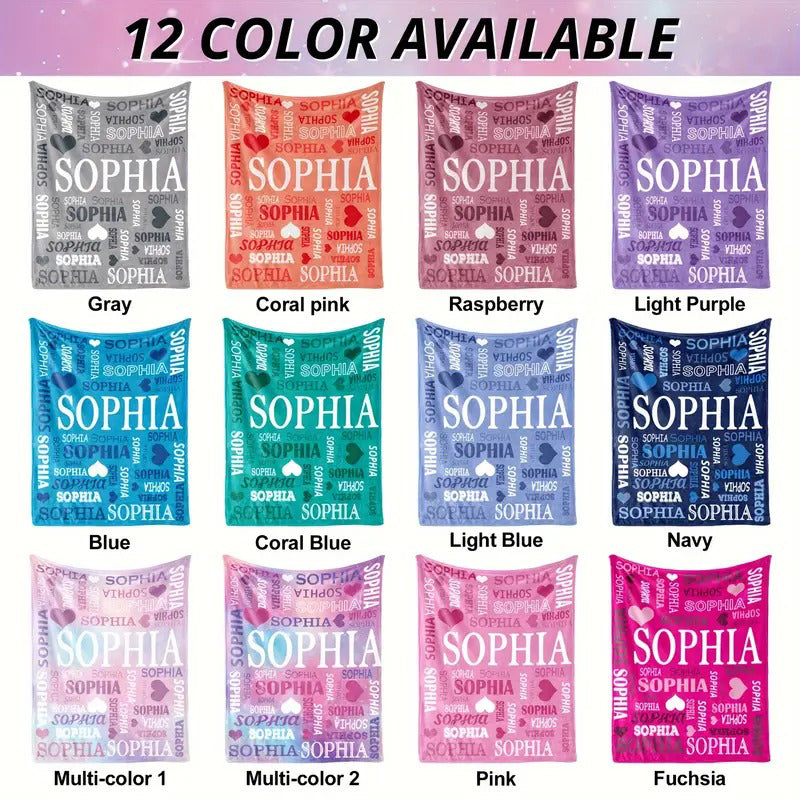 Personalized Name Printed Multi-Color Flannel Throw Blanket