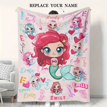 Personalized Mermaid Cartoon Blanket with Custom Name