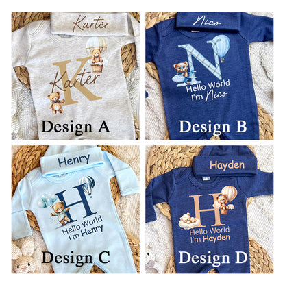 Personalized baby coming home outfit, romper hat set,