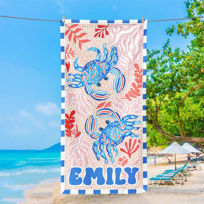 Personalized Retro Beach Towel, Marine Animal Beach Towel, Custom Name Towel