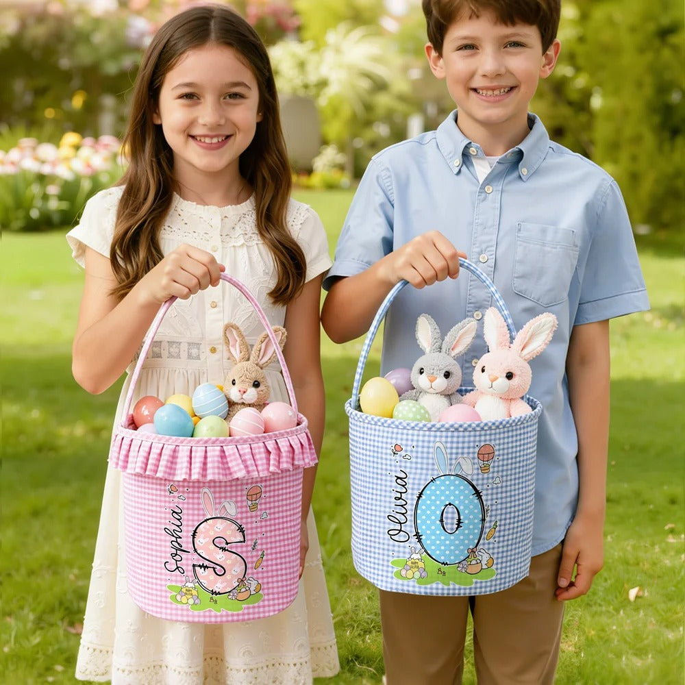 Personalized Cute Bunny Initial Flower Plaid Easter Basket with Name