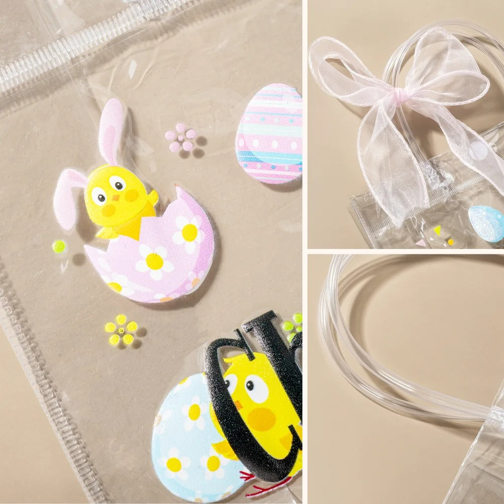 Personalized Pink Bow Ribbon Colorful Easter Eggs Chicks Clear Gift Bag