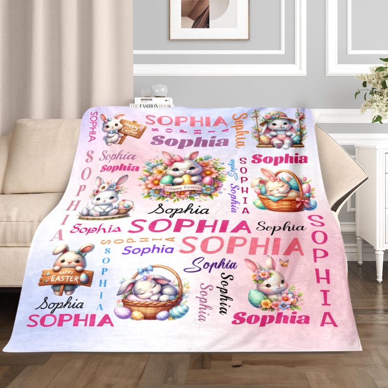 Custom Kids Name Blanket, Personalized Baby Easter Bunny Blanket