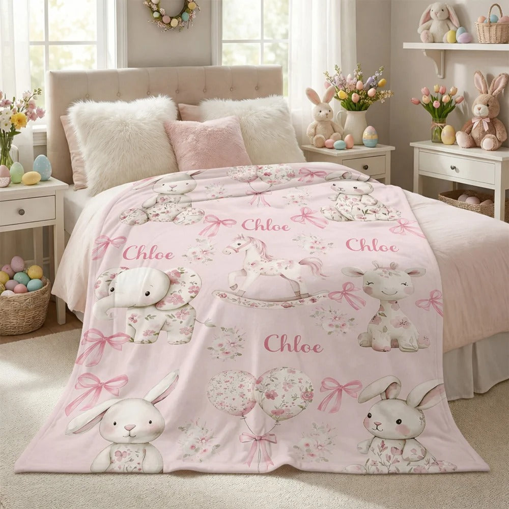 Personalized Floral Bunny Elephant Ponny Pink Soft Throw Blanket