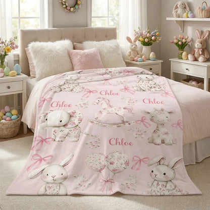 Personalized Floral Bunny Elephant Ponny Pink Soft Throw Blanket