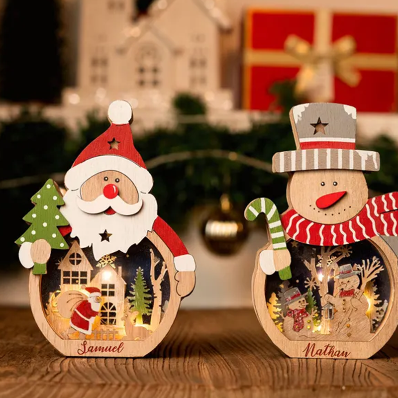 Personalized Christmas Lamp for Kids,Wooden Snowman/Santa Lantern