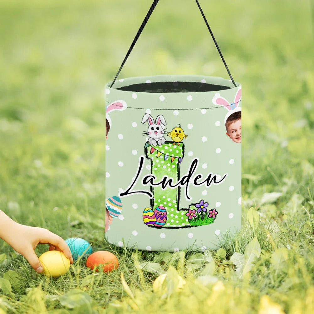 Personalized Cute Bunny Initial Portrait Photo Design Reusable Easter Basket