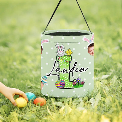 Personalized Cute Bunny Initial Portrait Photo Design Reusable Easter Basket