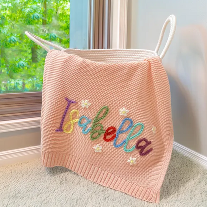 Hand-Embroidered Personalized Knit Baby Blanket-A Custom Name Swaddle Blanket