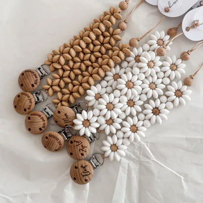 Personalized Flower Beaded Pacifier Clip Wooden Engraving