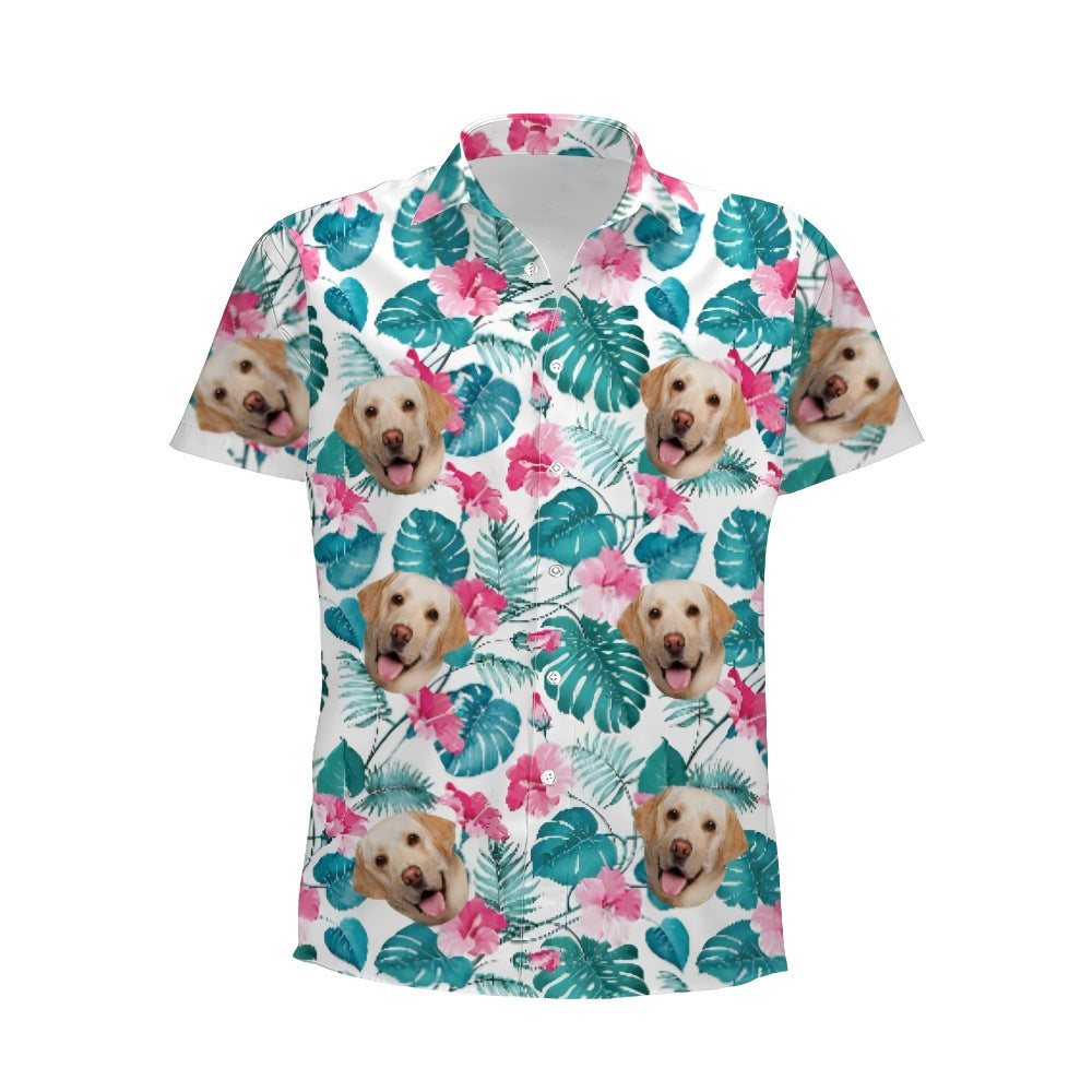 Personalized Photo Hawaiian Shirt Custom Dog Cat Face Holiday Tropical Pattern Shir