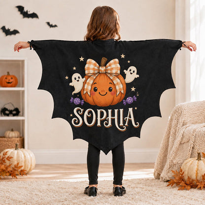Personalized Kids Bat Cape, Custom Name Halloween Costume, Black Vampire Wings
