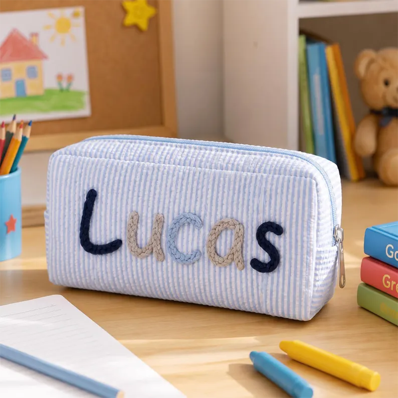 Custom Name Pencil Case for Kids, Personalized Pencil Pouch, Cute Seersucker School Supplies Bag