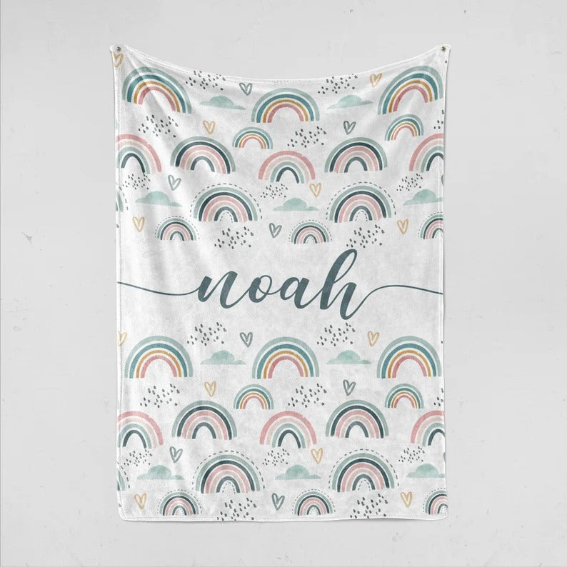 Personalized Baby Blanket For Girls or Boys with Name, Custom Kid Blanket with Boho Rainbows, Hospital Coming Home Blanket