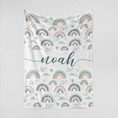 Personalized Baby Blanket For Girls or Boys with Name, Custom Kid Blanket with Boho Rainbows, Hospital Coming Home Blanket