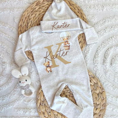 Personalized baby coming home outfit, romper hat set,