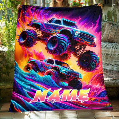 Custom Name Monster Truck Flannel Blanket - Vibrant Oil Painting Design