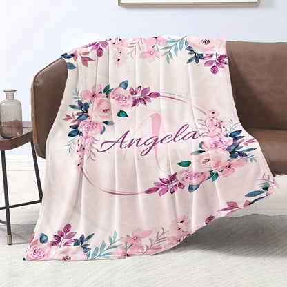 Personalized Pink Floral Name Blanket - Flannel Throw with Custom Monogram