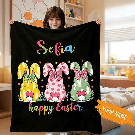 Personalized Easter Bunny Blanket, Custom Kids Name Blanket