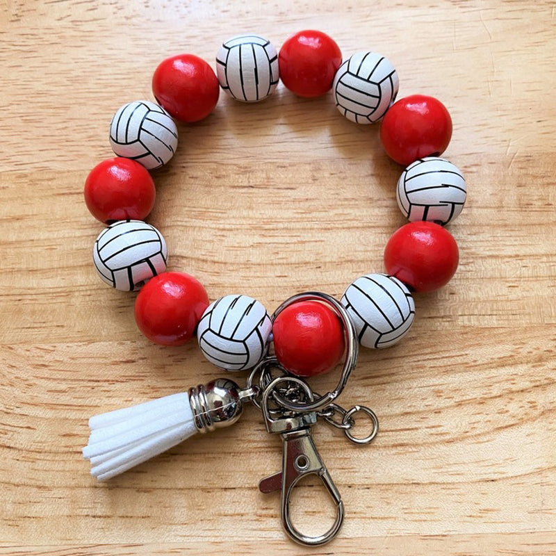 Personalized Sports Print Wristlet Wood Bead Bracelet Keychain