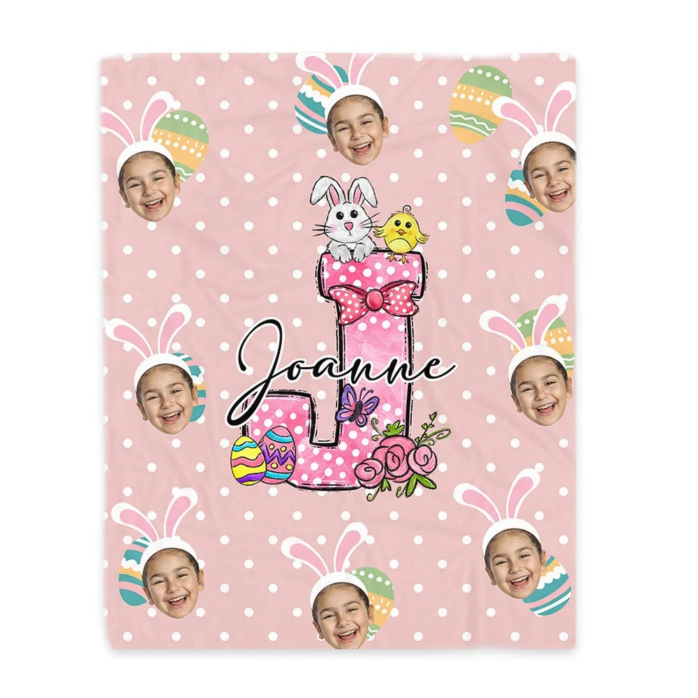 Personalized Colorful Polka Dot Bunny Chick Initial Face Photos Easter Blanket Gift for Kids
