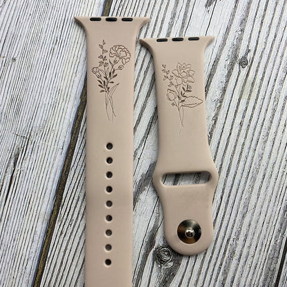 Birthday Flower, Birth Month Floral Silicone Band Laser Engraved, Apple Watch