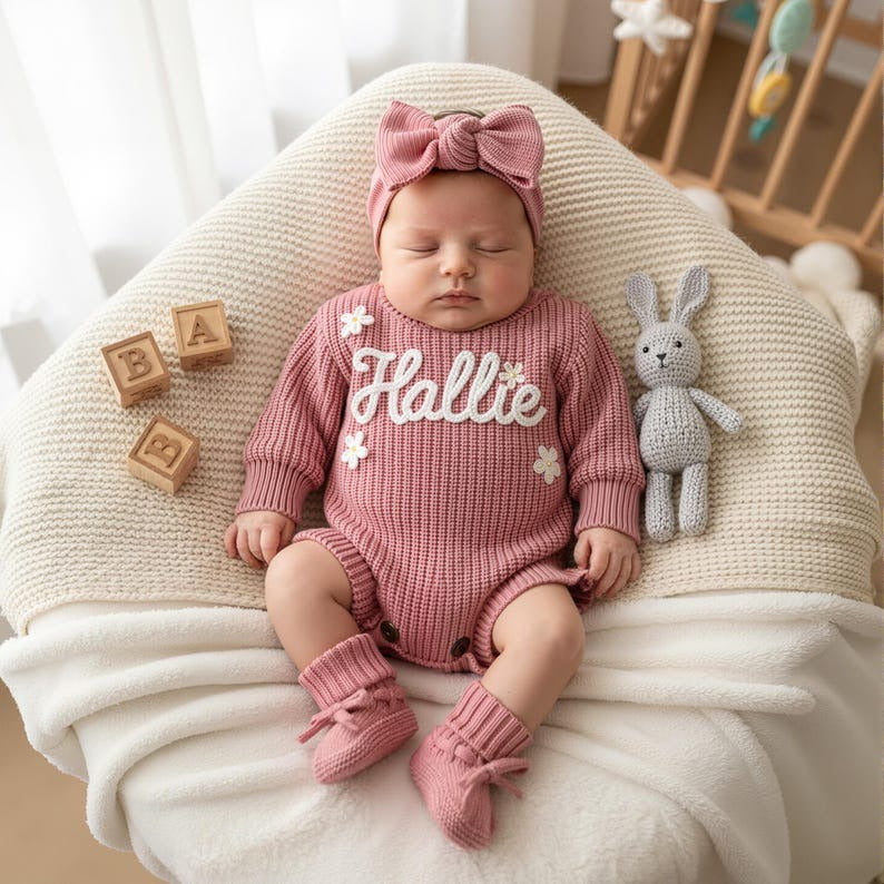 Hand Embroidered Name Baby Romper Set,Personalized Outfit