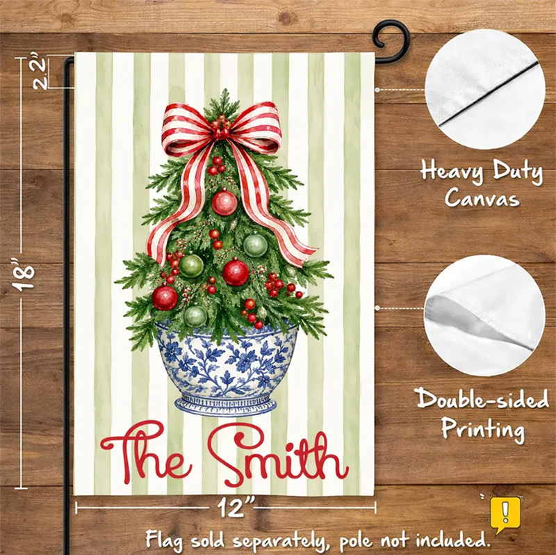 Striped Christmas Tree Flag Personalized Garden Flag Holiday Decor Custom Family Name