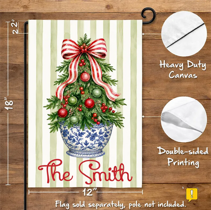 Striped Christmas Tree Flag Personalized Garden Flag Holiday Decor Custom Family Name