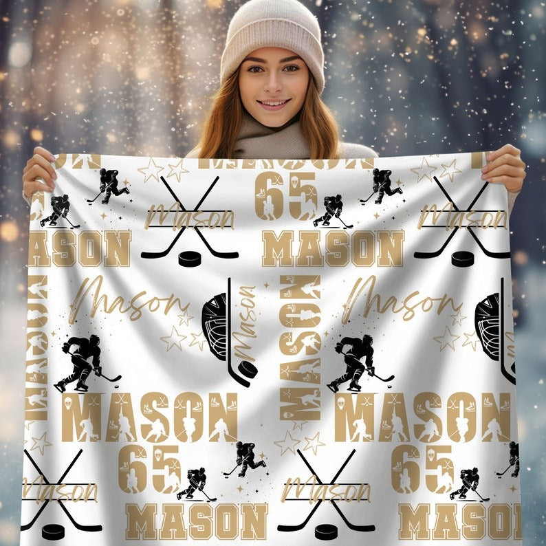 Ice Hockey Boy Personalized Blanket, Custom Name Hockey Throw