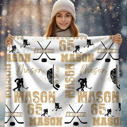 Ice Hockey Boy Personalized Blanket, Custom Name Hockey Throw