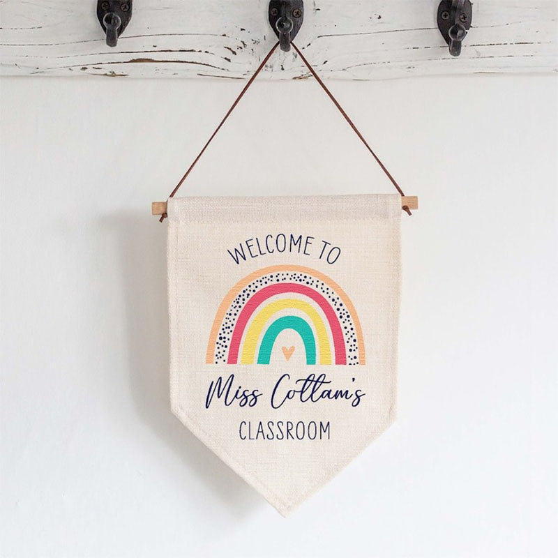Personalised Teacher Rainbow Classroom Linen Style Hanging Flag