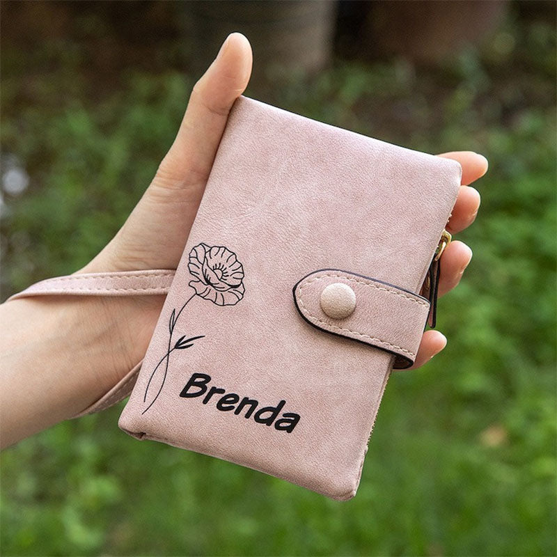 Personalized Vegan Leather Wallet Birth Flower Wallet Tri-Fold Wallet
