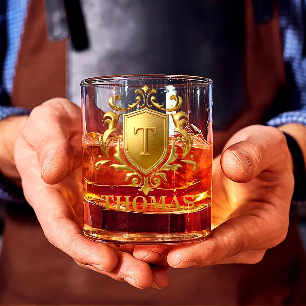 Personalized Golden Shield Initial Name Rock Whiskey Glass