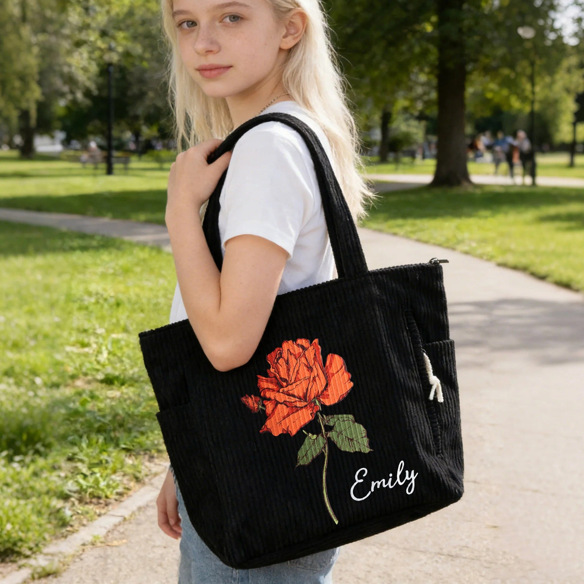 Personalized Birth Flower Corduroy Large Capacity Tote Bag