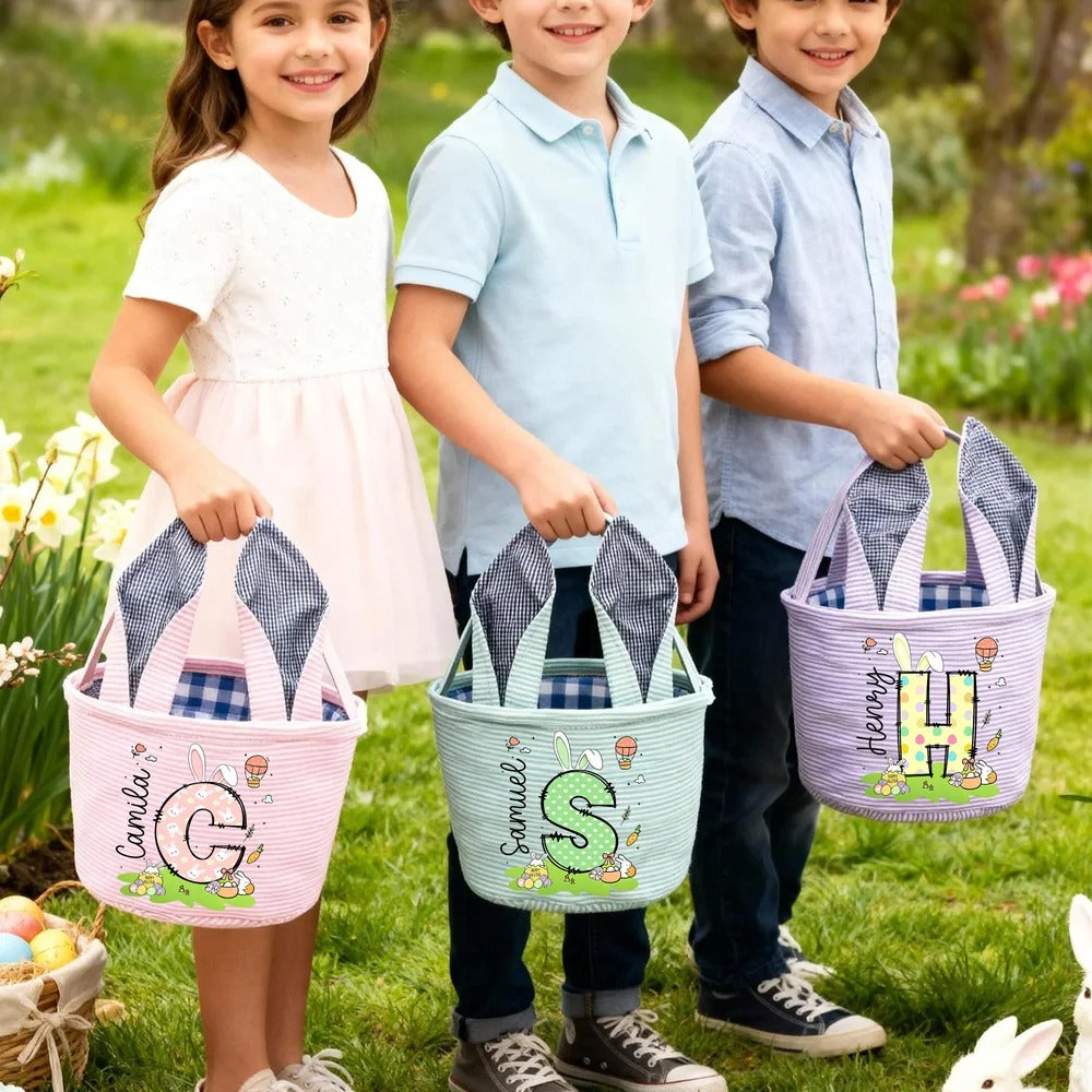 Personalized Cute Bunny Ears Polka Dot Initial Easter Basket