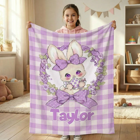 Personalized Multicolor Plaid Cute Polka-Dot Bow Bunny Easter Blanket Gift for Kids