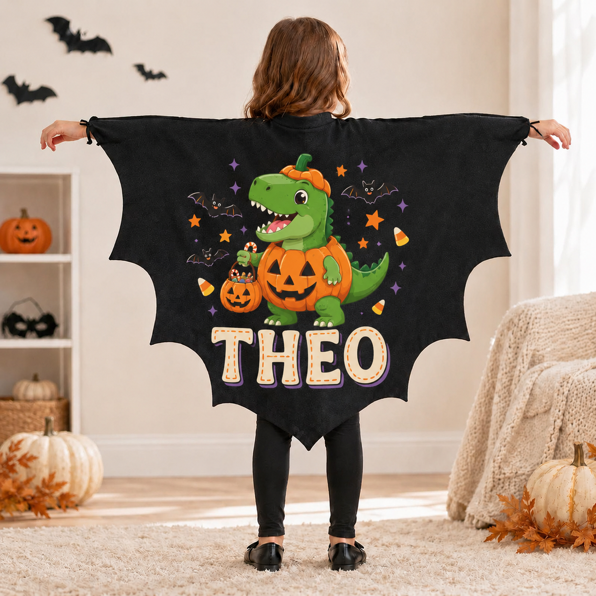 Personalized Kids Bat Cape, Custom Name Halloween Costume, Black Vampire Wings