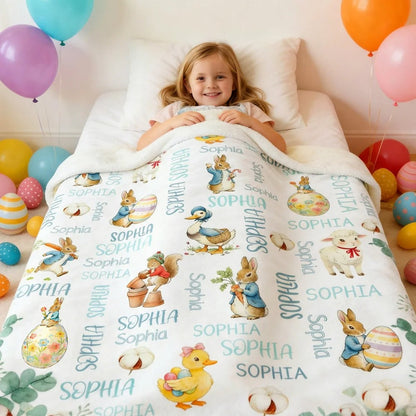 Personalized Cute Easter Bunny Duck Sheep Word Cloud Soft Throw Blanket