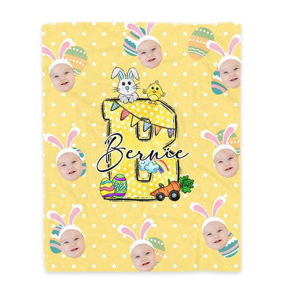 Personalized Colorful Polka Dot Bunny Chick Initial Face Photos Easter Blanket Gift for Kids