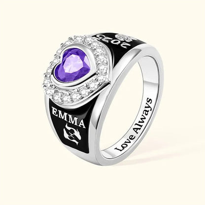 Personalized Heart Zircon Birthstone Class Ring with Engraved Text Symbol Graduation Gift