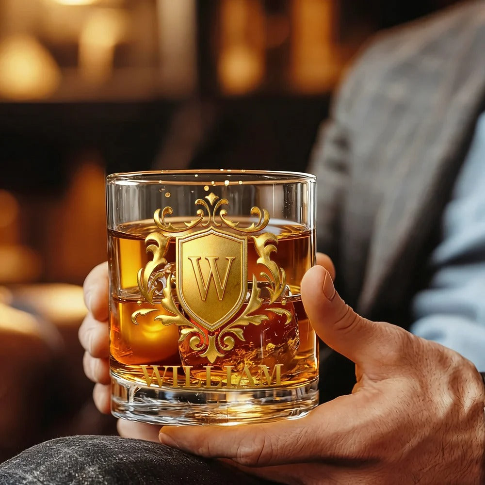 Personalized Golden Shield Initial Name Rock Whiskey Glass
