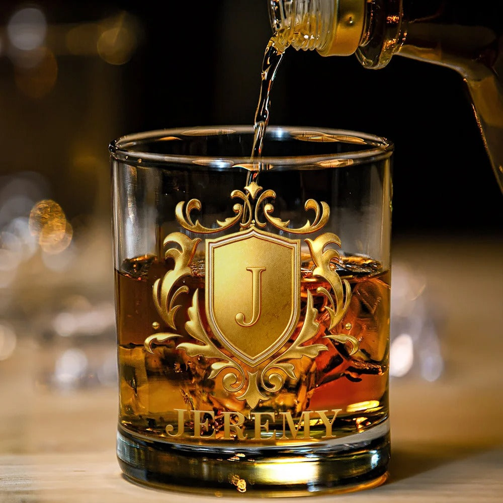Personalized Golden Shield Initial Name Rock Whiskey Glass