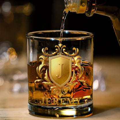 Personalized Golden Shield Initial Name Rock Whiskey Glass